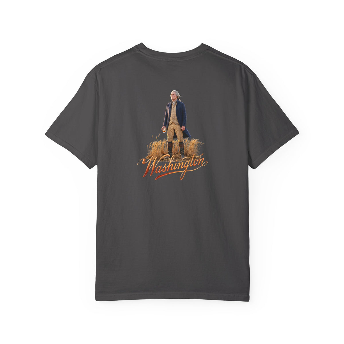 Graphite Course America tee, flat back view, the print showing George Washington standing in a wheat field above the word Washington in script