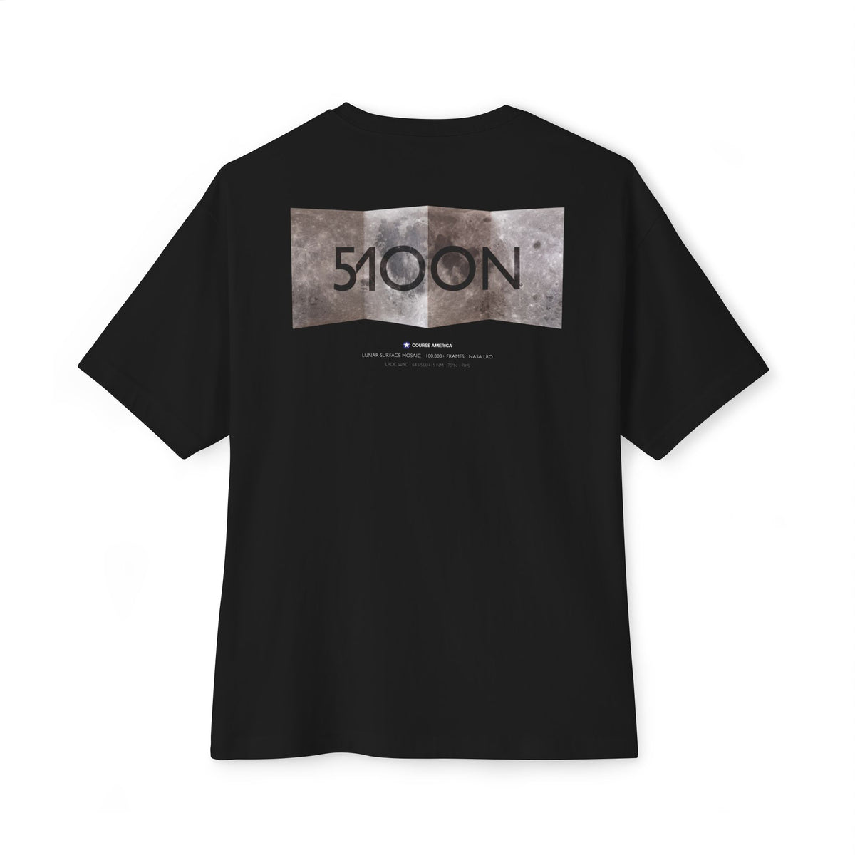 Black Course America tee, flat back view, the lunar surface unfolded behind the 51OON wordmark
