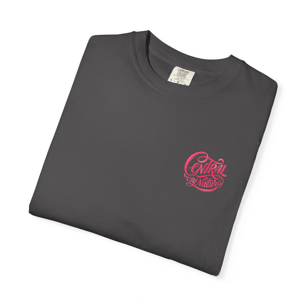 Graphite Course America tee, folded, showing the pink Central by Nature script