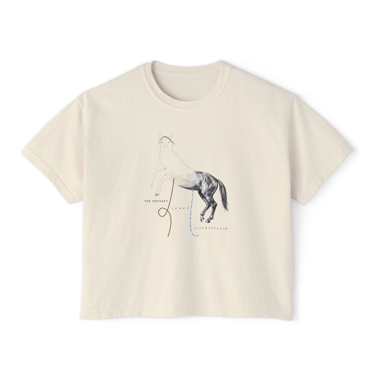 Ivory Course America boxy tee, flat front view, printed with the Trojan Horse design, half line drawing and half photograph
