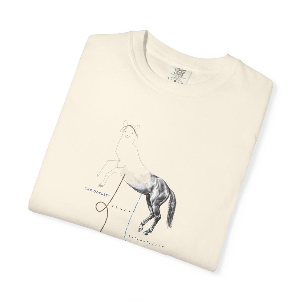 Ivory Course America tee, folded, showing the Trojan Horse design, half line drawing and half photograph