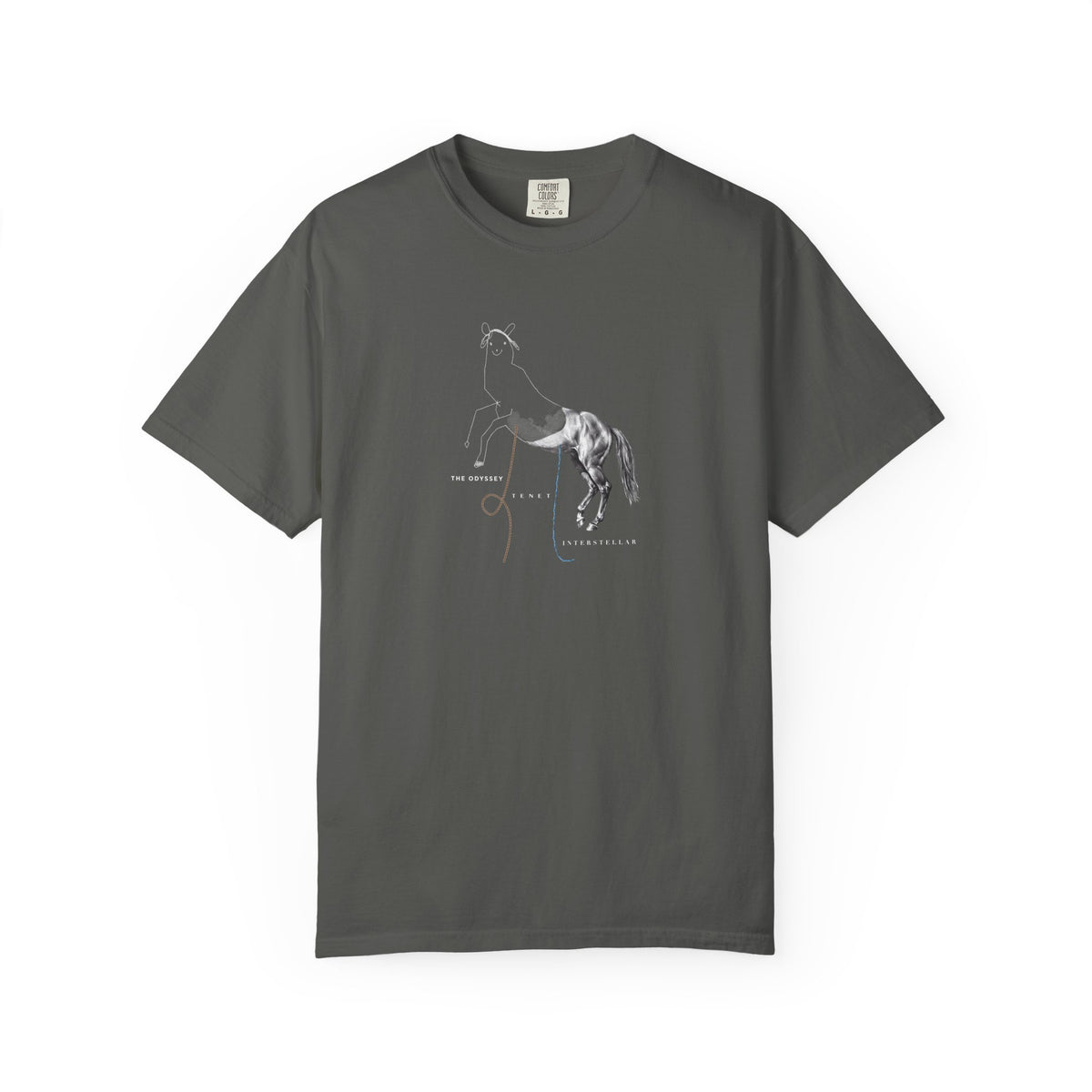 Pepper grey Course America tee, flat front view, printed with the Trojan Horse design, half line drawing and half photograph