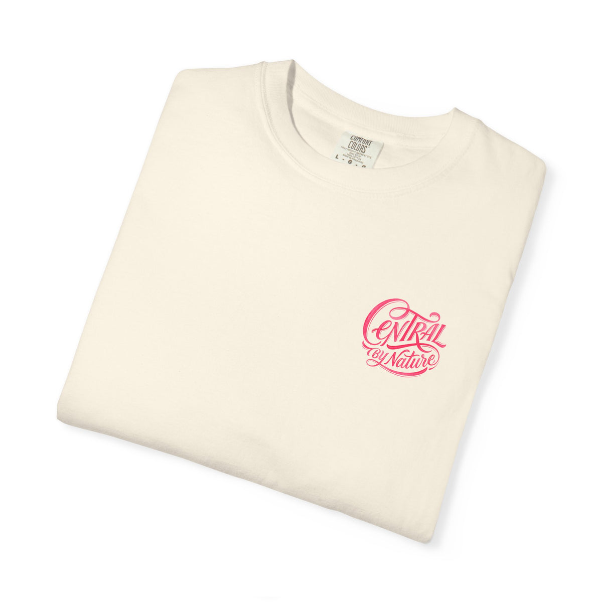Ivory Course America tee, folded, showing the pink Central by Nature script