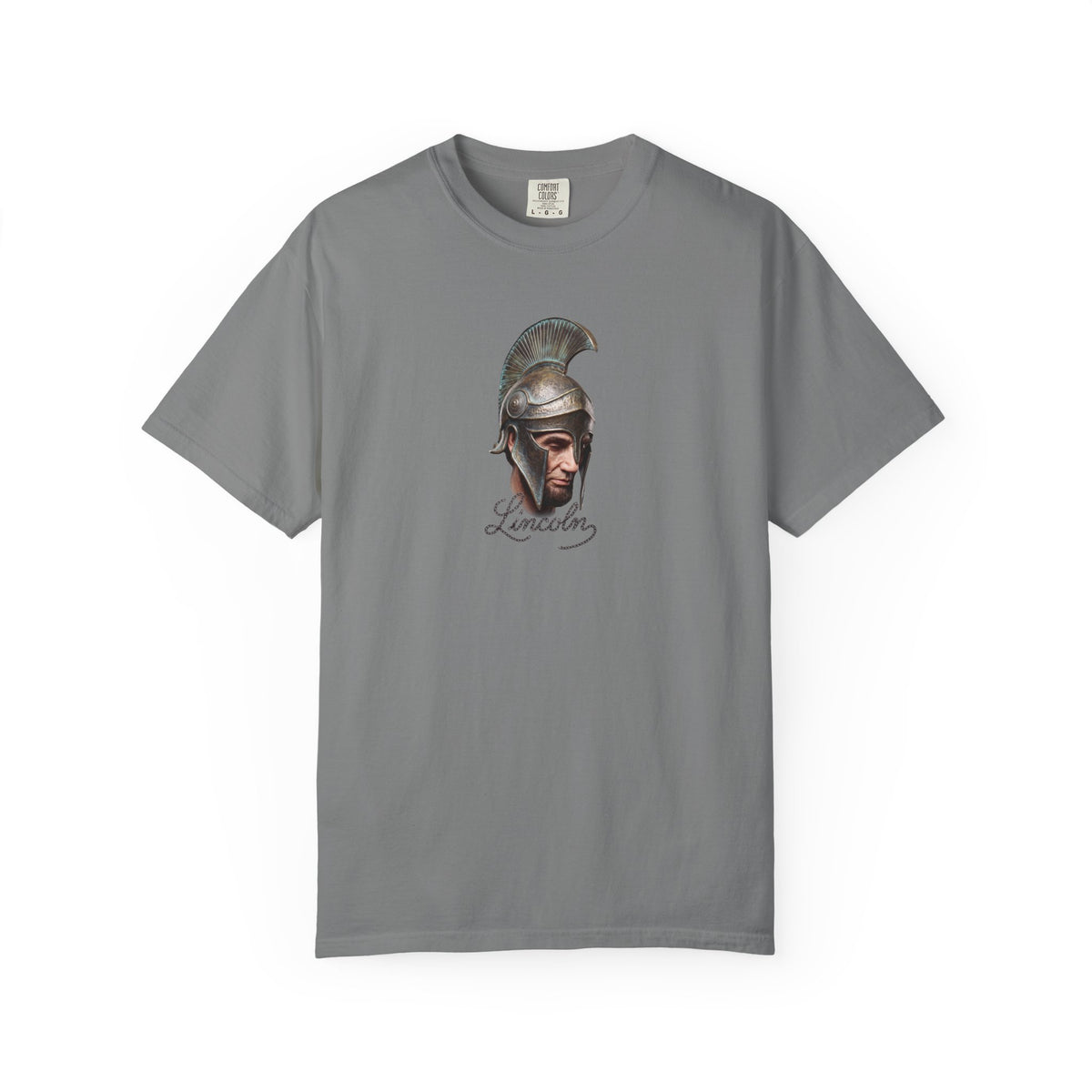 Grey Course America tee, flat front view, printed with Abraham Lincoln in a crested Greek helmet above the word Lincoln in script