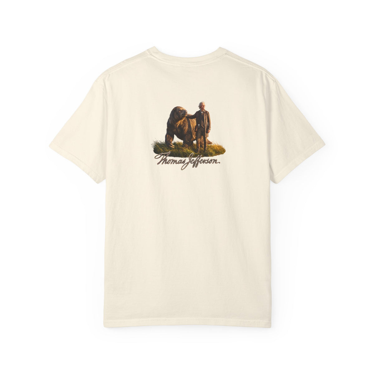 Ivory Course America tee, flat back view, the print showing Thomas Jefferson beside a giant ground sloth above his name in script