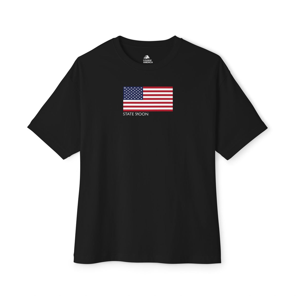 Black Course America tee, flat front view, an updated American flag, first star ringed, printed small on the chest