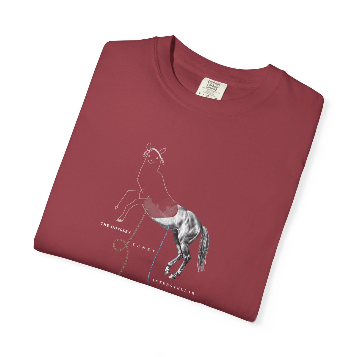 Chili red Course America tee, folded, showing the Trojan Horse design, half line drawing and half photograph