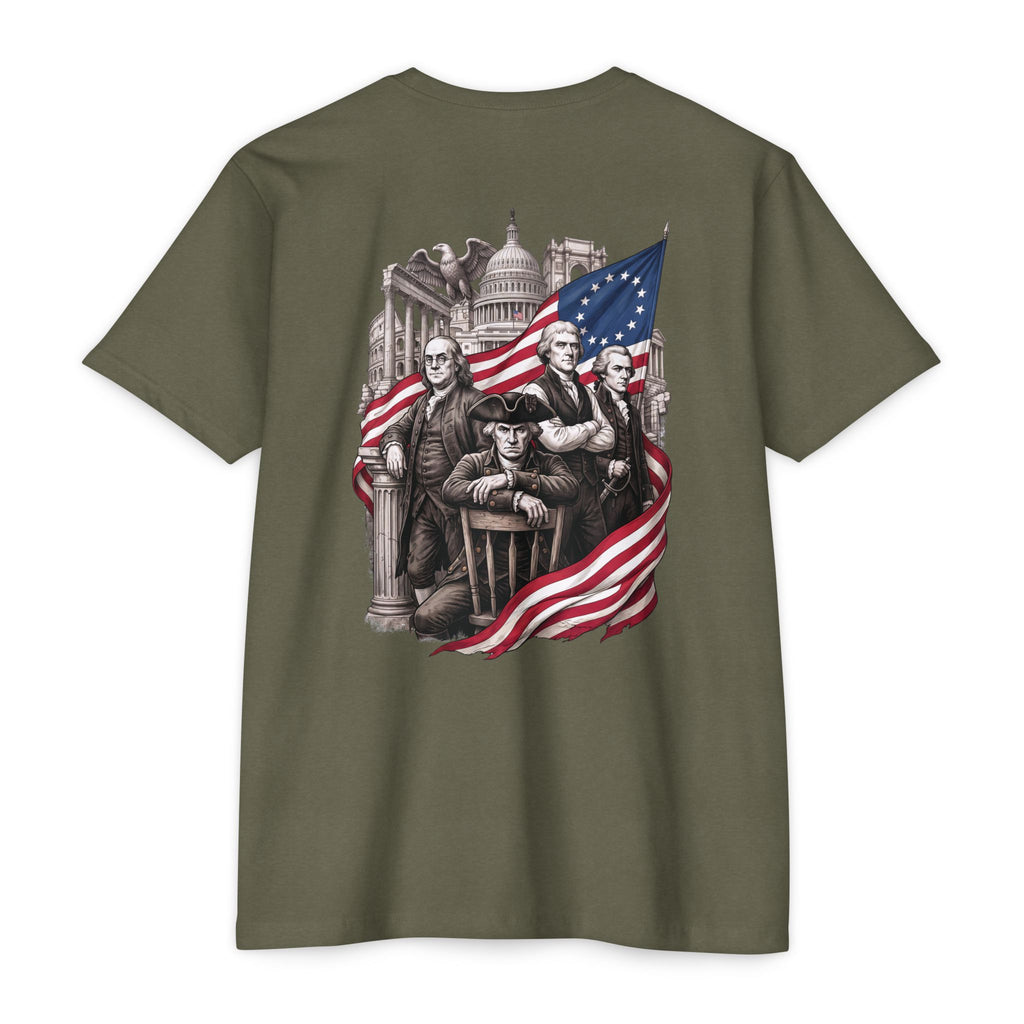 Military green Course America tee, flat back view, the print showing four founders including Franklin, Washington and Jefferson before the Capitol dome and a thirteen star flag
