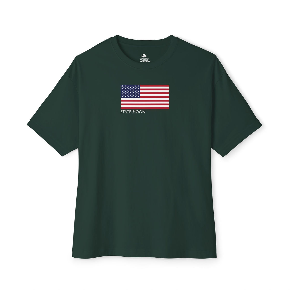 Forest green Course America tee, flat front view, an updated American flag, first star ringed, printed small on the chest