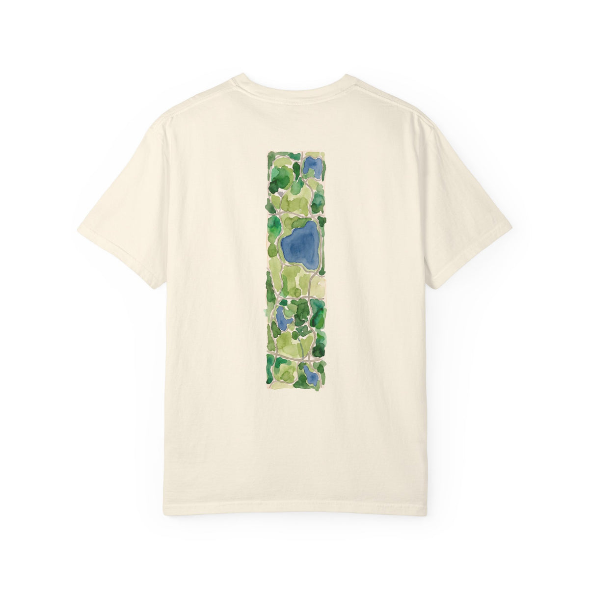 Ivory Course America tee, flat back view, the print a watercolour map of Central Park