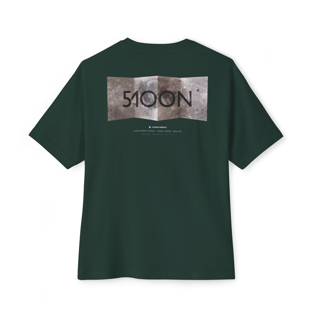 Forest green Course America tee, flat back view, the lunar surface unfolded behind the 51OON wordmark