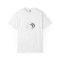White Course America tee, flat front view, printed with the Trojan Horse design, half line drawing and half photograph