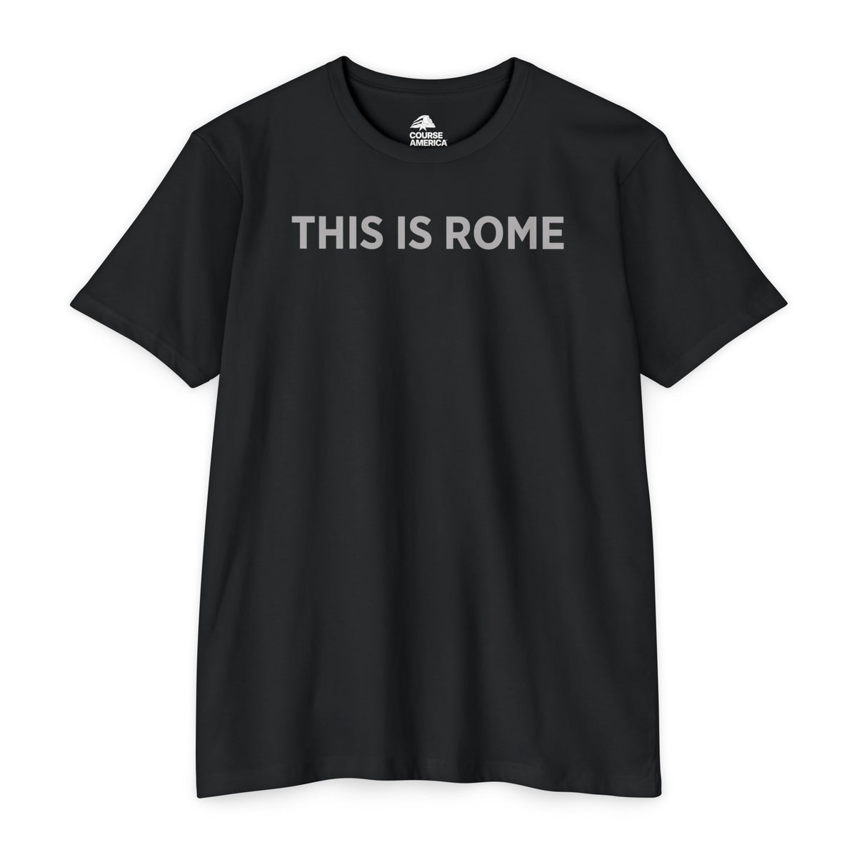 Black Course America tee, flat front view, printed THIS IS ROME in grey