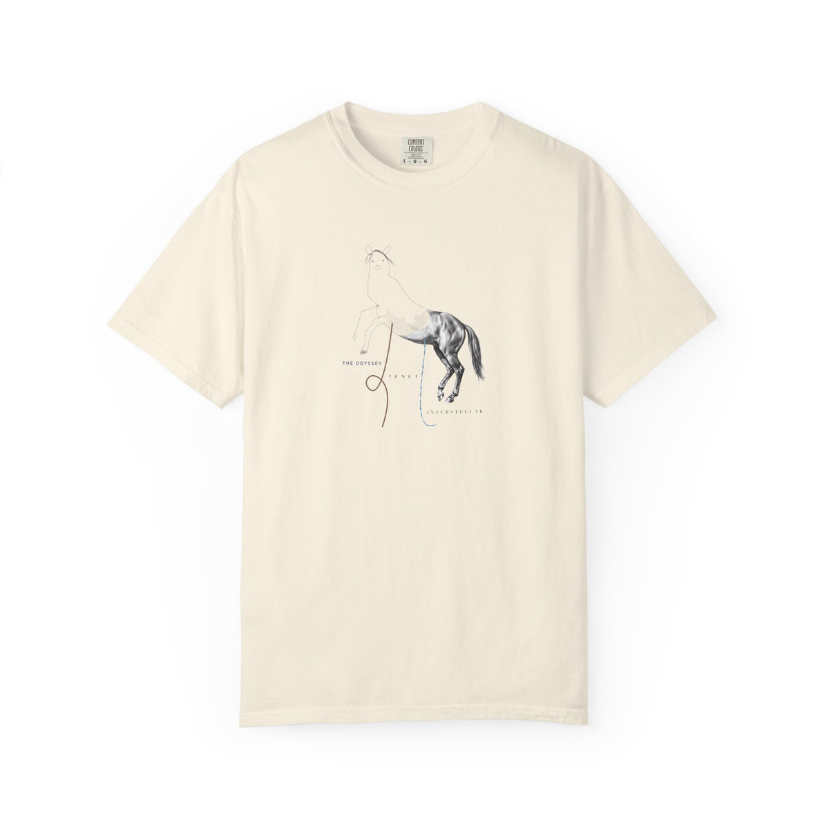 Ivory Course America tee, flat front view, printed with the Trojan Horse design, half line drawing and half photograph