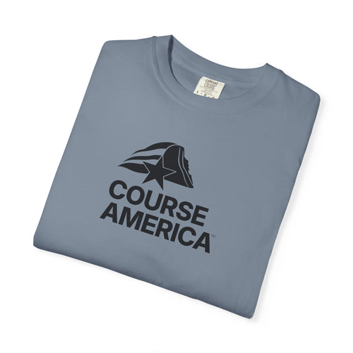 Blue Jean Course America tee, folded, the Course America mark on the chest beside the Comfort Colors neck label