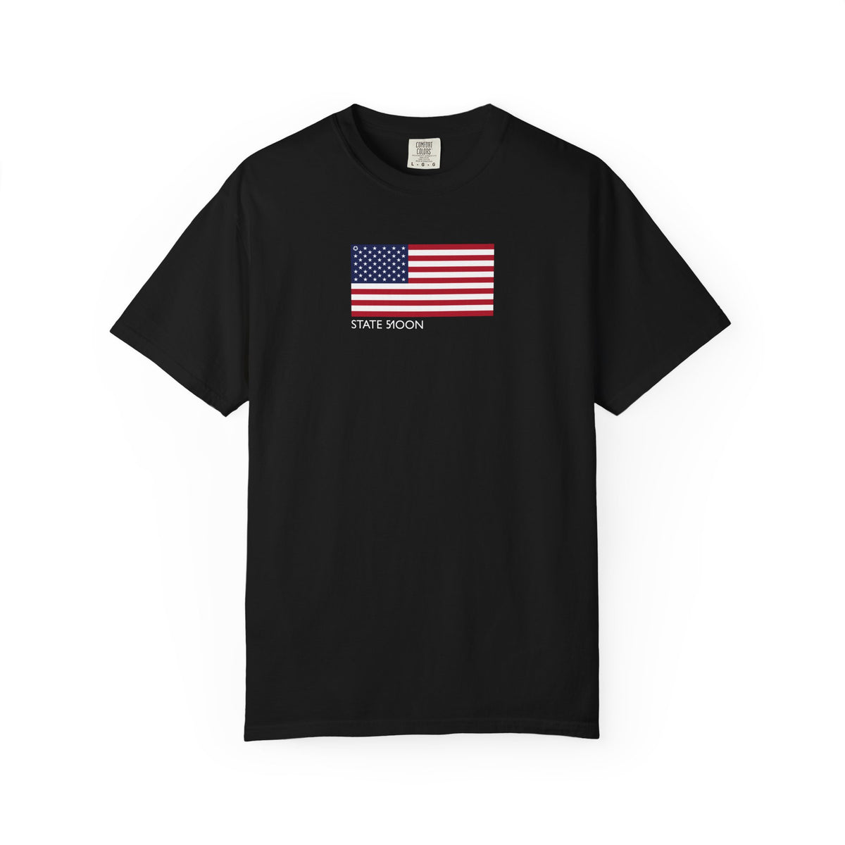 Black Course America tee, flat front view, an updated American flag, first star ringed, printed small on the chest