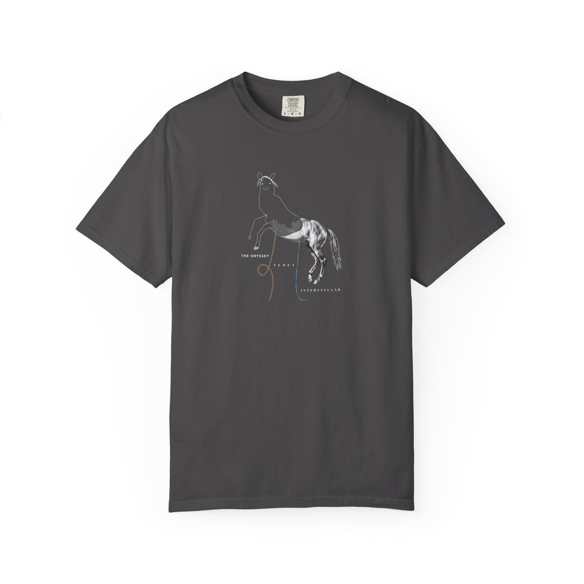 Graphite Course America tee, flat front view, printed with the Trojan Horse design, half line drawing and half photograph