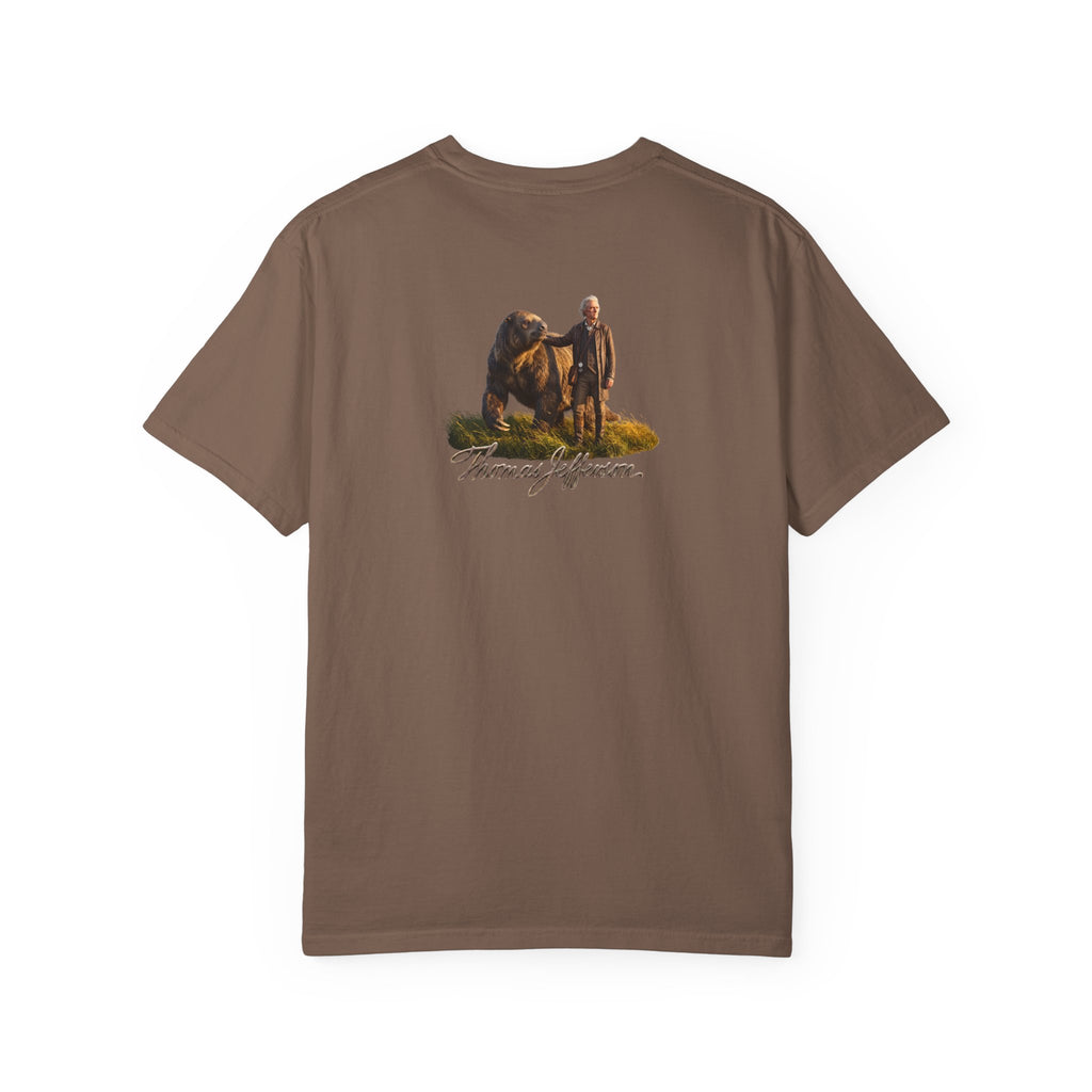 Espresso brown Course America tee, flat back view, the print showing Thomas Jefferson beside a giant ground sloth above his name in script