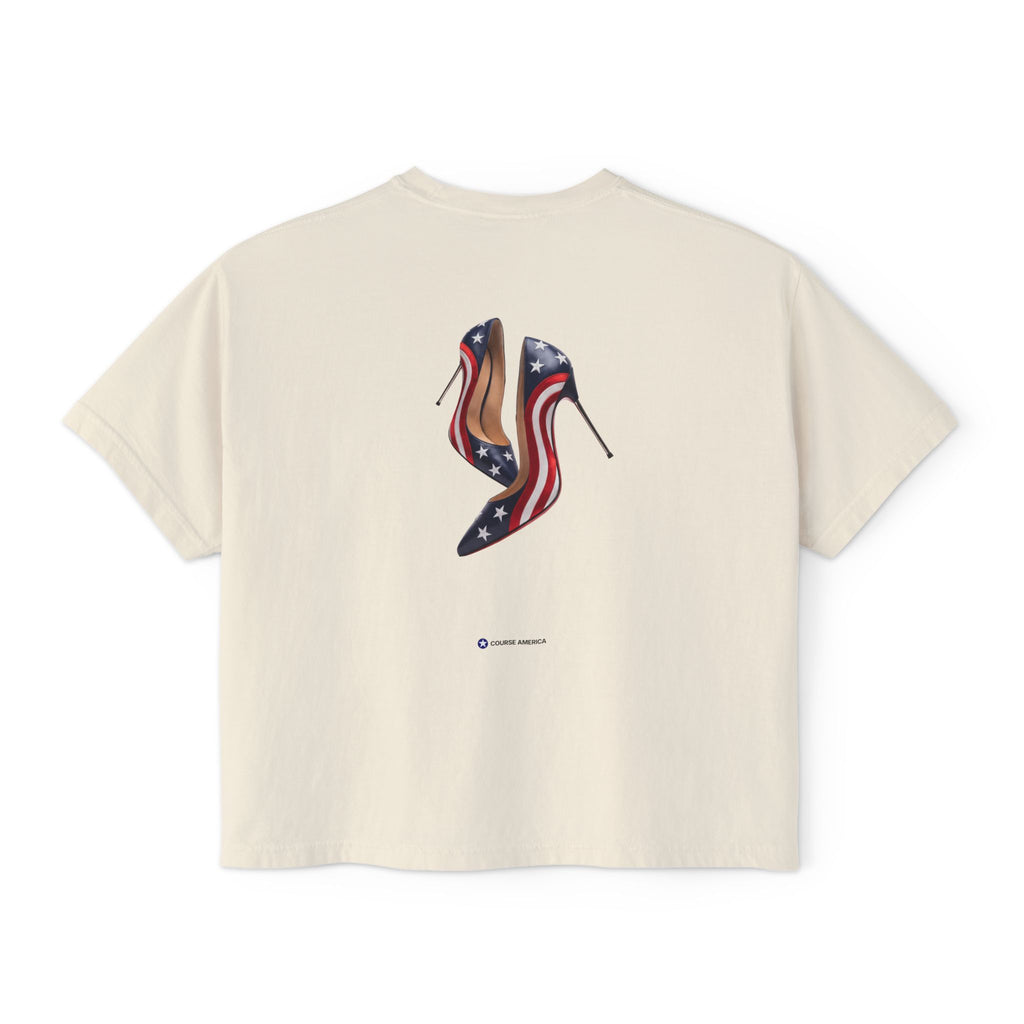 Ivory Course America boxy tee, flat back view, the print a pair of high heels patterned with the American flag