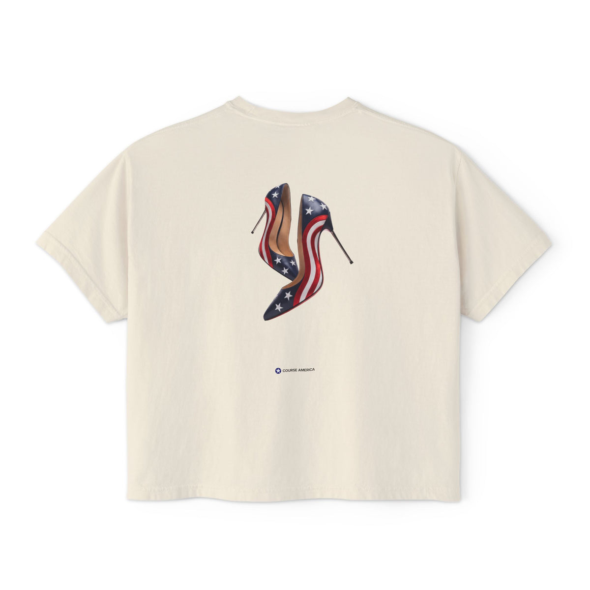 Ivory Course America boxy tee, flat back view, the print a pair of high heels patterned with the American flag