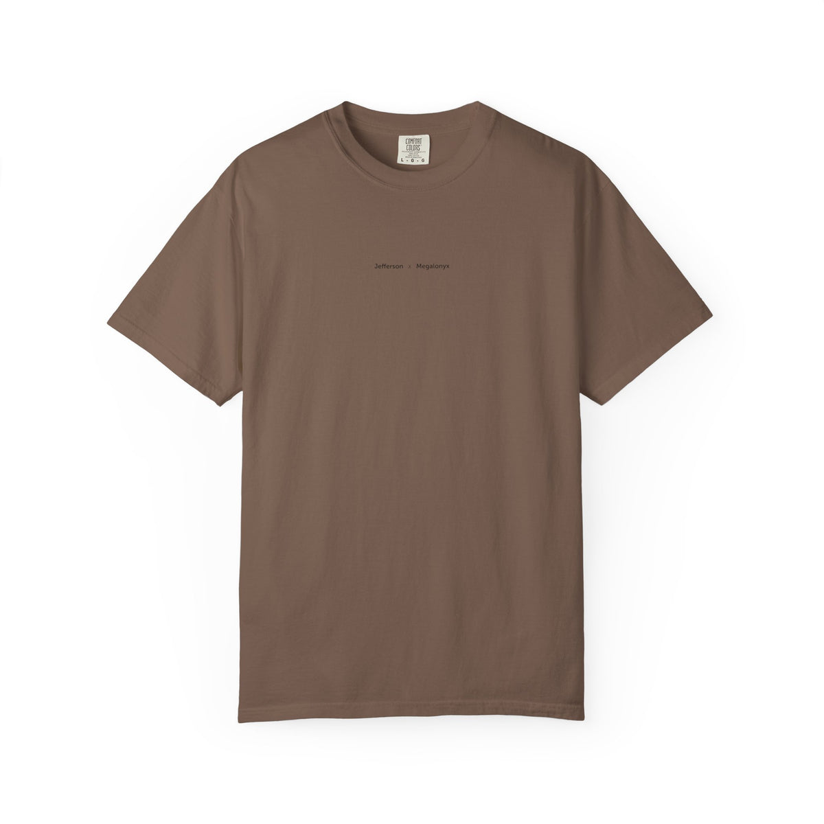 Espresso brown Course America tee, flat front view, with the small Jefferson x Megalonyx chest lettering