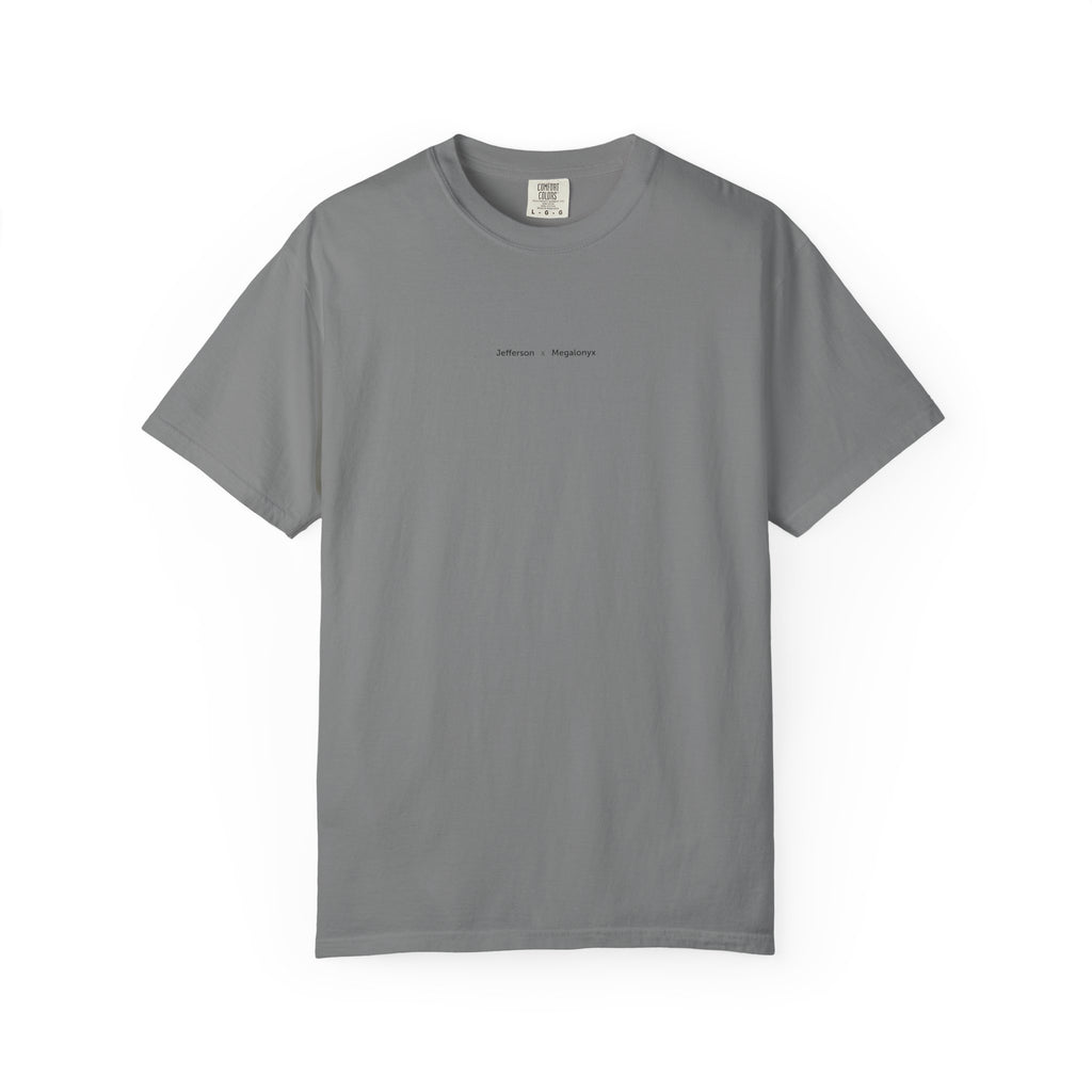 Grey Course America tee, flat front view, with the small Jefferson x Megalonyx chest lettering