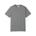Grey Course America tee, flat front view, with the small Jefferson x Megalonyx chest lettering