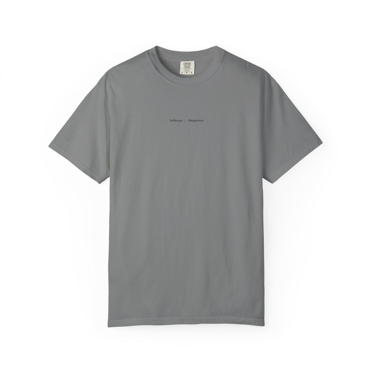 Grey Course America tee, flat front view, with the small Jefferson x Megalonyx chest lettering