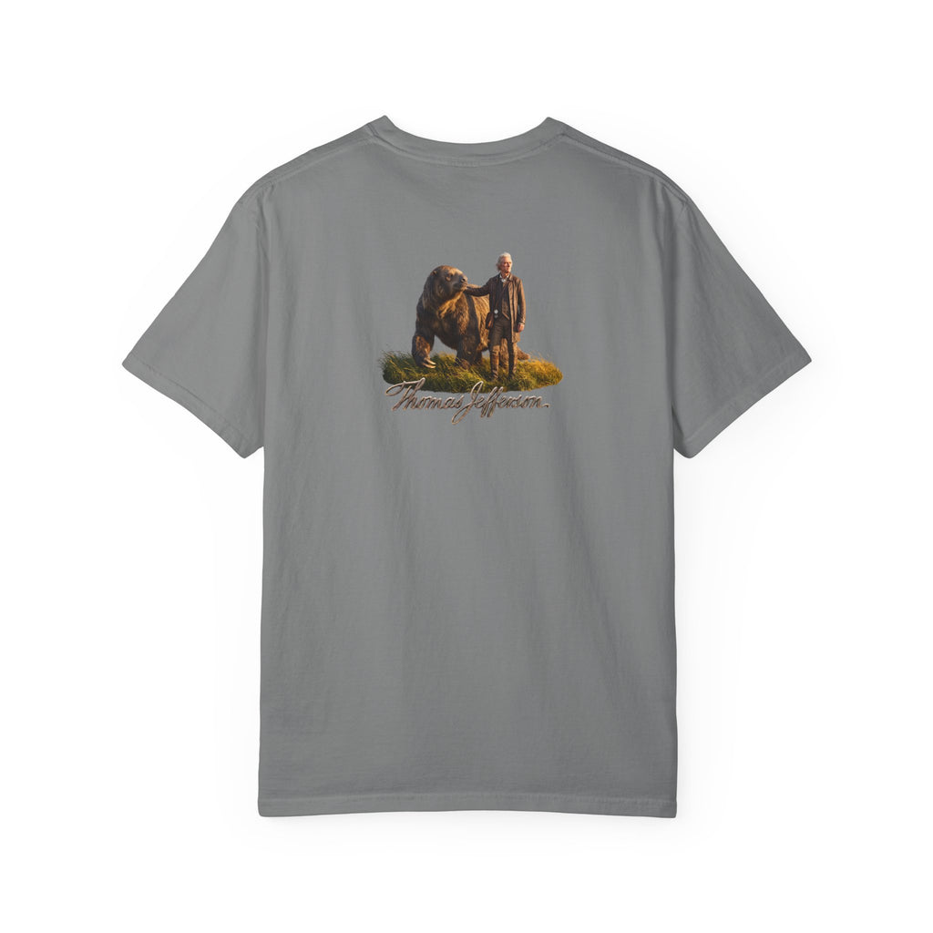 Grey Course America tee, flat back view, the print showing Thomas Jefferson beside a giant ground sloth above his name in script