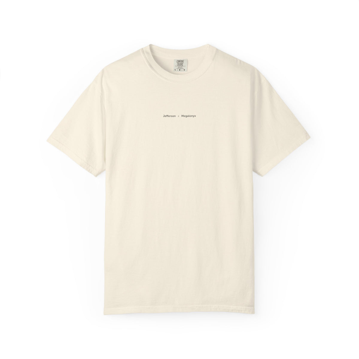 Ivory Course America tee, flat front view, with the small Jefferson x Megalonyx chest lettering
