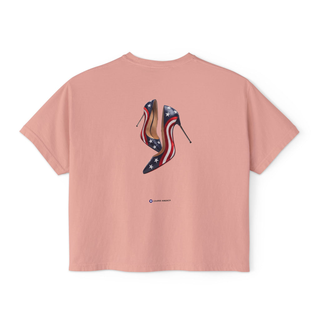 Dusty pink Course America boxy tee, flat back view, the print a pair of high heels patterned with the American flag