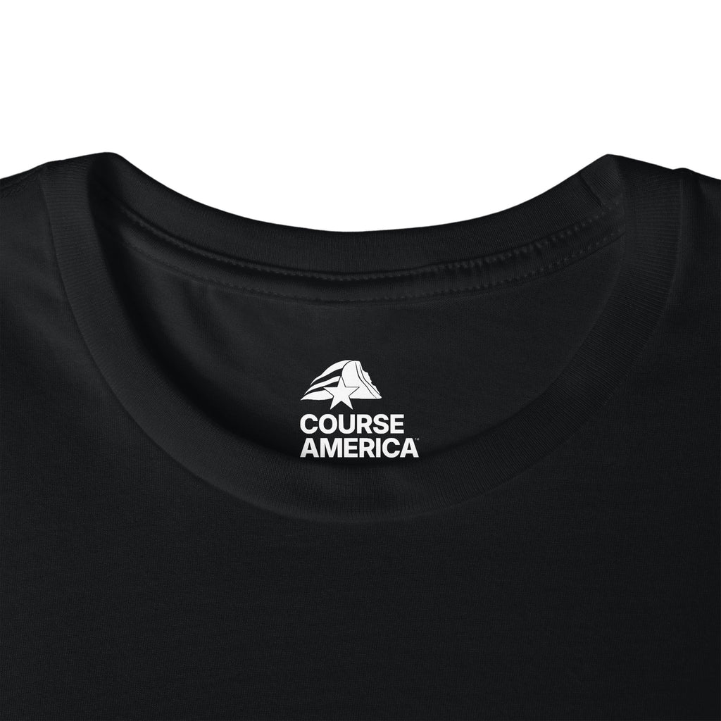 Black Course America tee, close up of the inner neck label showing the Course America logo