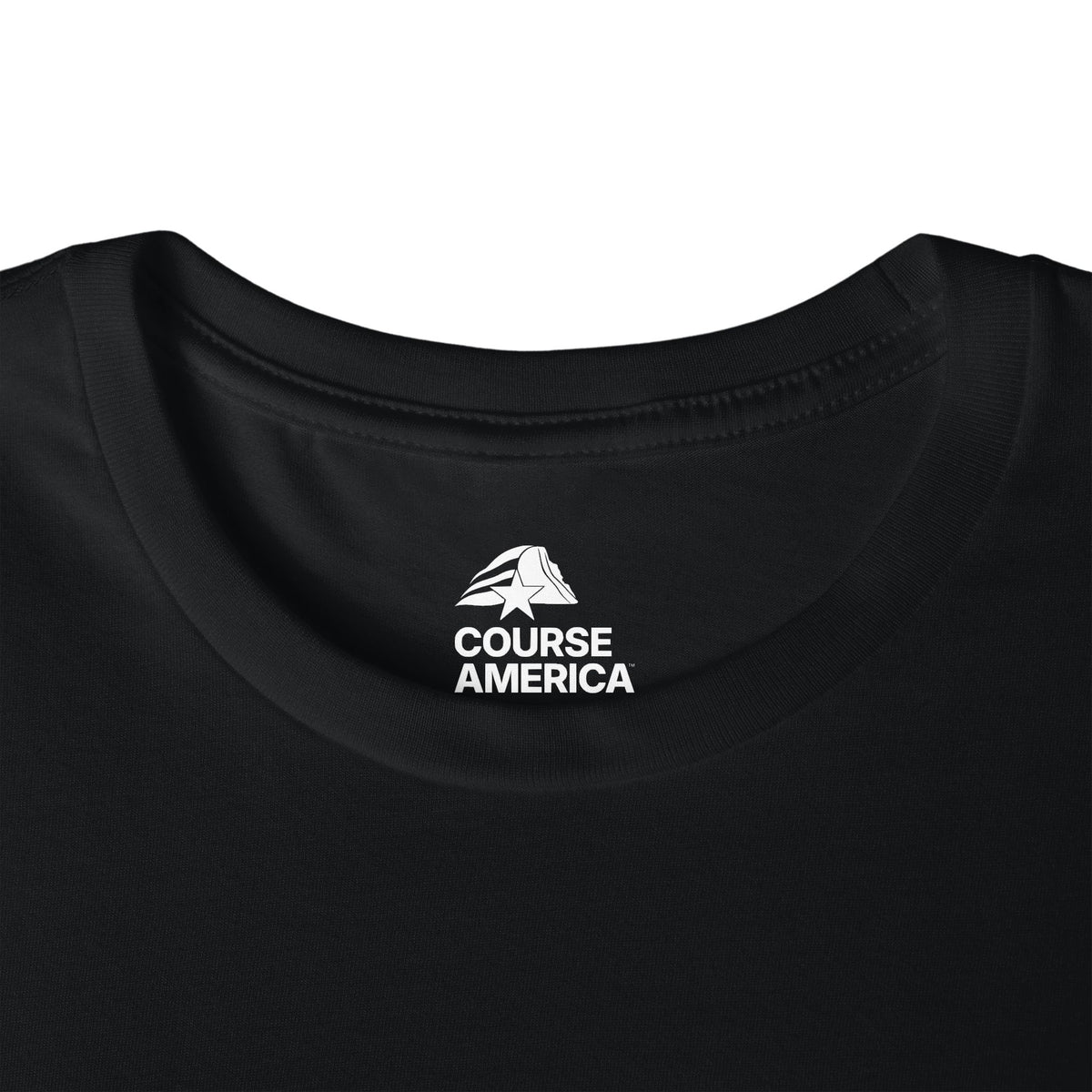 Black Course America tee, close up of the inner neck label showing the Course America logo