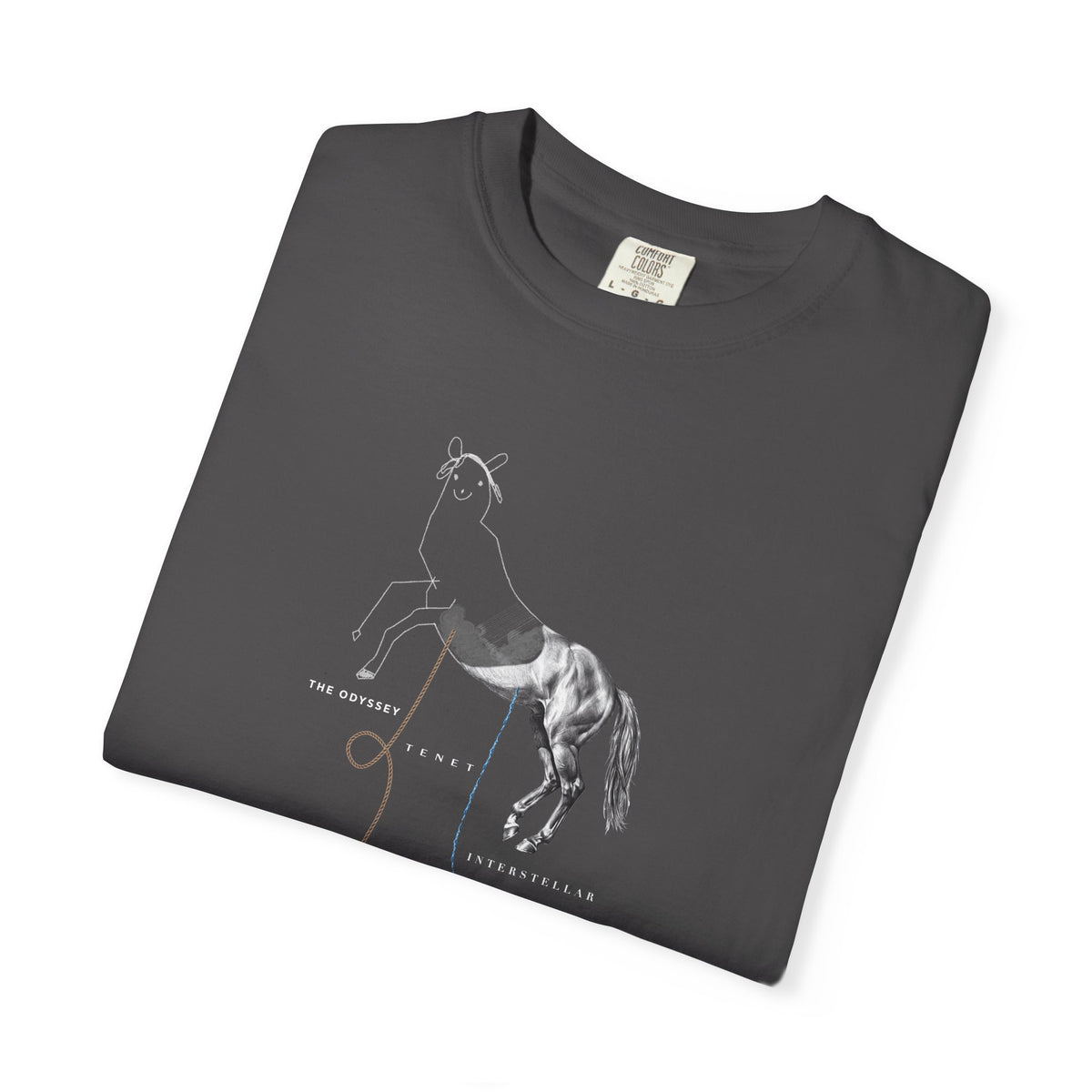 Graphite Course America tee, folded, showing the Trojan Horse design, half line drawing and half photograph