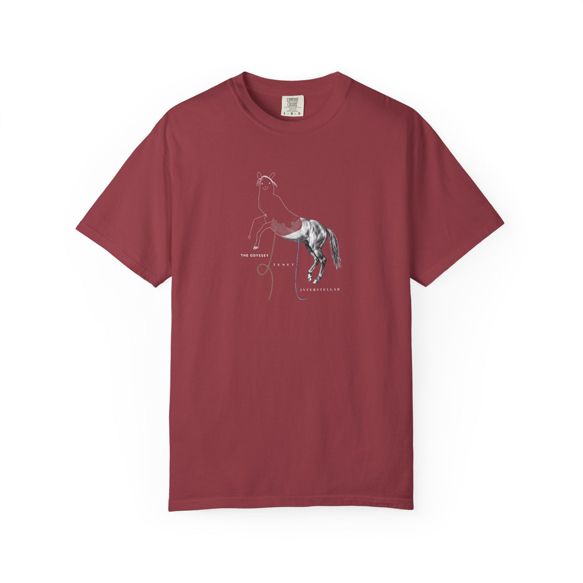 Chili red Course America tee, flat front view, printed with the Trojan Horse design, half line drawing and half photograph