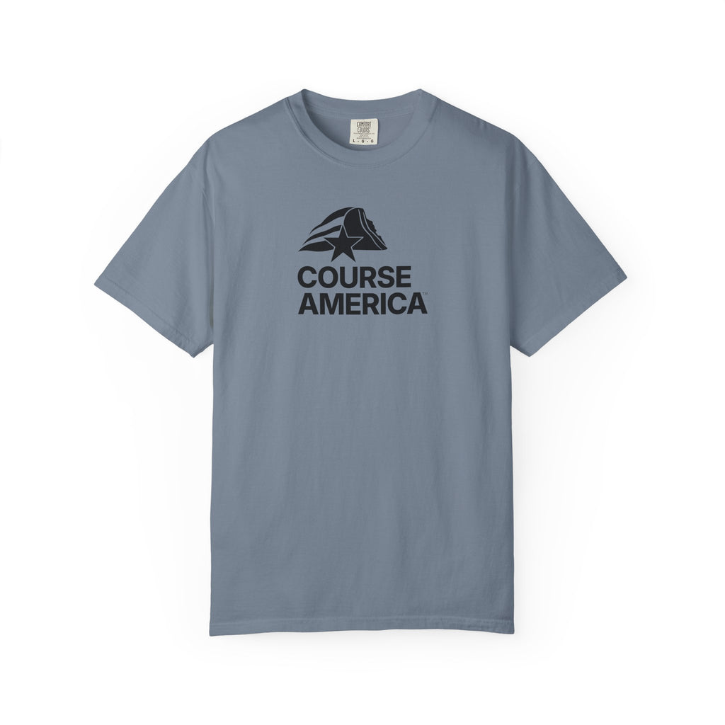 Blue Jean Course America tee, flat front view, the Course America mark printed on the chest