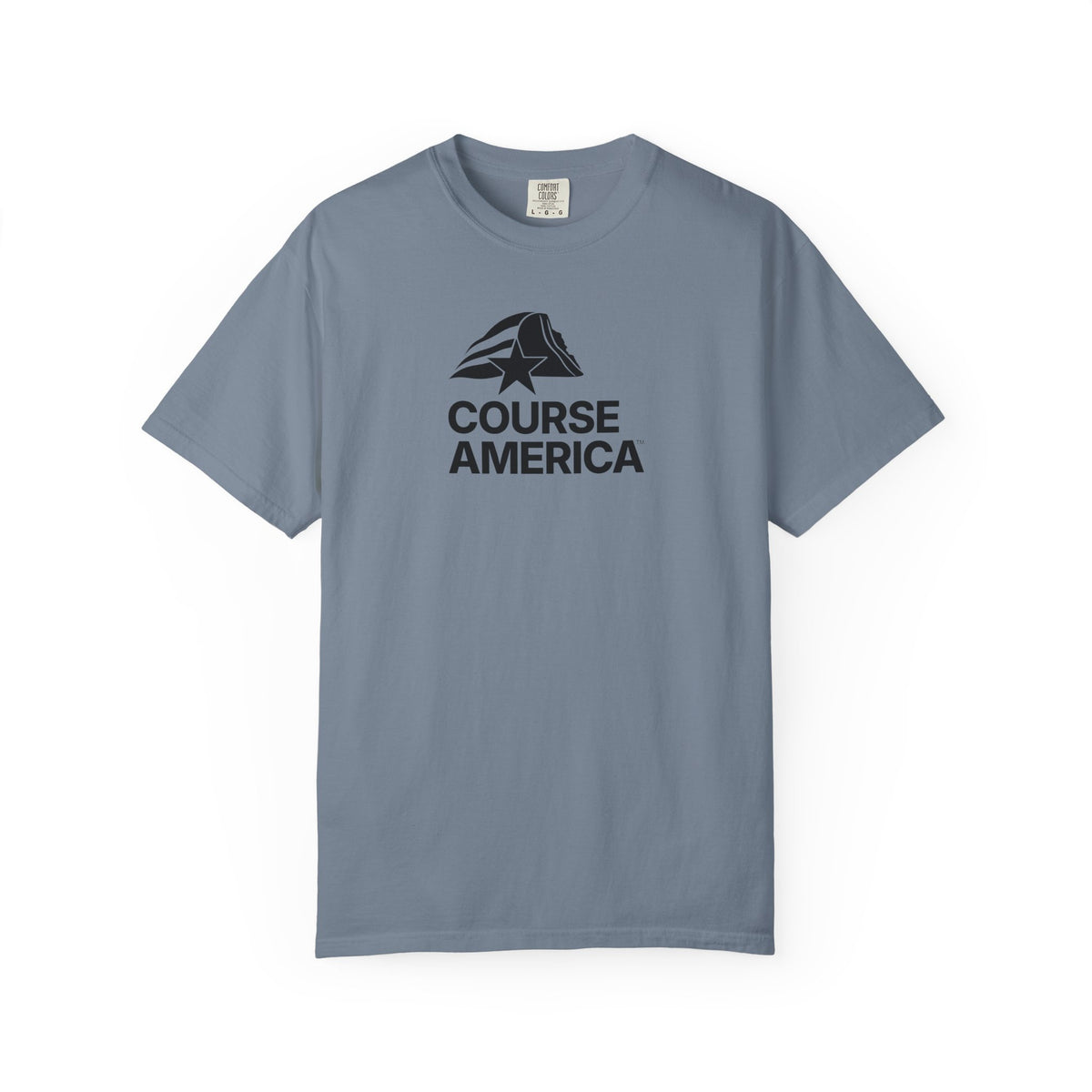 Blue Jean Course America tee, flat front view, the Course America mark printed on the chest