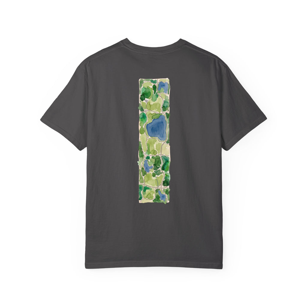 Graphite Course America tee, flat back view, the print a watercolour map of Central Park