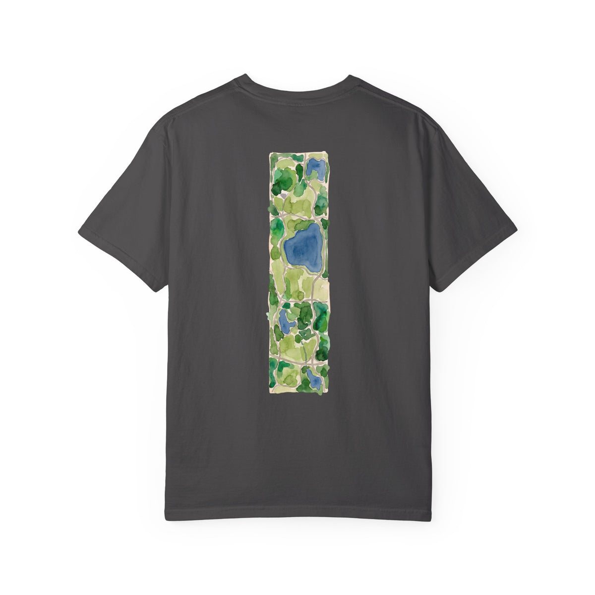 Graphite Course America tee, flat back view, the print a watercolour map of Central Park