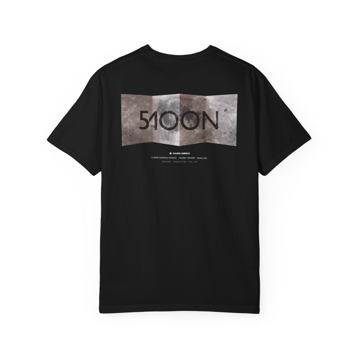 Black Course America tee, flat back view, the lunar surface unfolded behind the 51OON wordmark