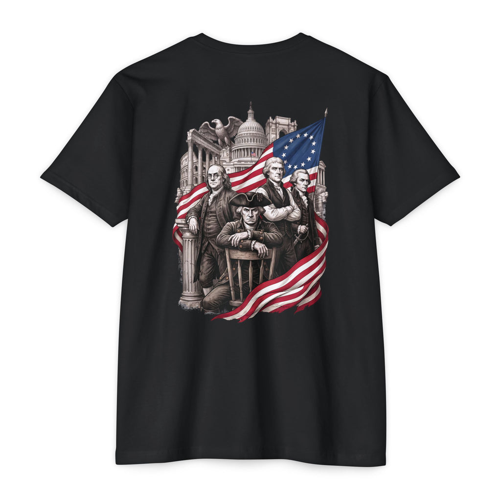 Black Course America tee, flat back view, the print showing four founders including Franklin, Washington and Jefferson before the Capitol dome and a thirteen star flag