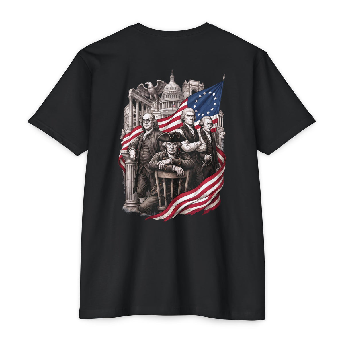 Black Course America tee, flat back view, the print showing four founders including Franklin, Washington and Jefferson before the Capitol dome and a thirteen star flag