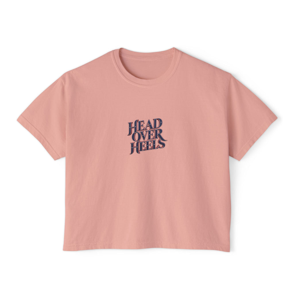 Dusty pink Course America boxy tee, flat front view, with HEAD OVER HEELS lettering