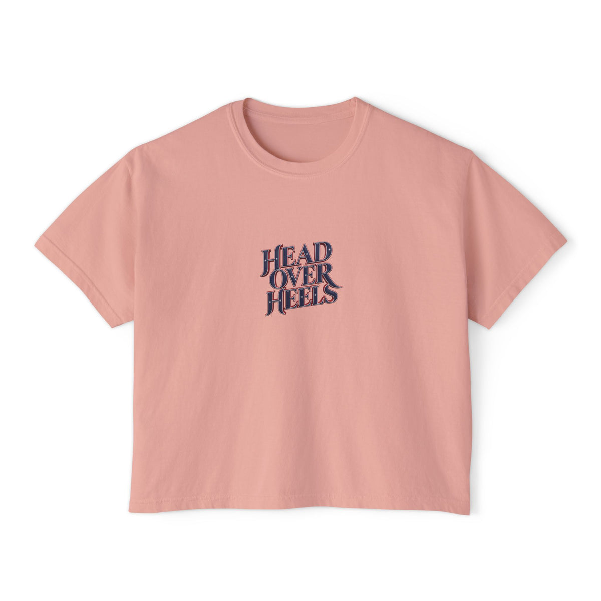 Dusty pink Course America boxy tee, flat front view, with HEAD OVER HEELS lettering