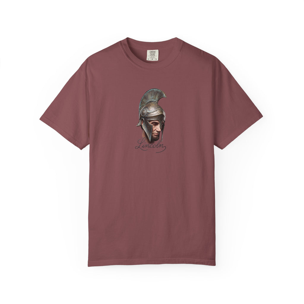 Brick red Course America tee, flat front view, printed with Abraham Lincoln in a crested Greek helmet above the word Lincoln in script