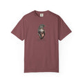 Brick red Course America tee, flat front view, printed with Abraham Lincoln in a crested Greek helmet above the word Lincoln in script