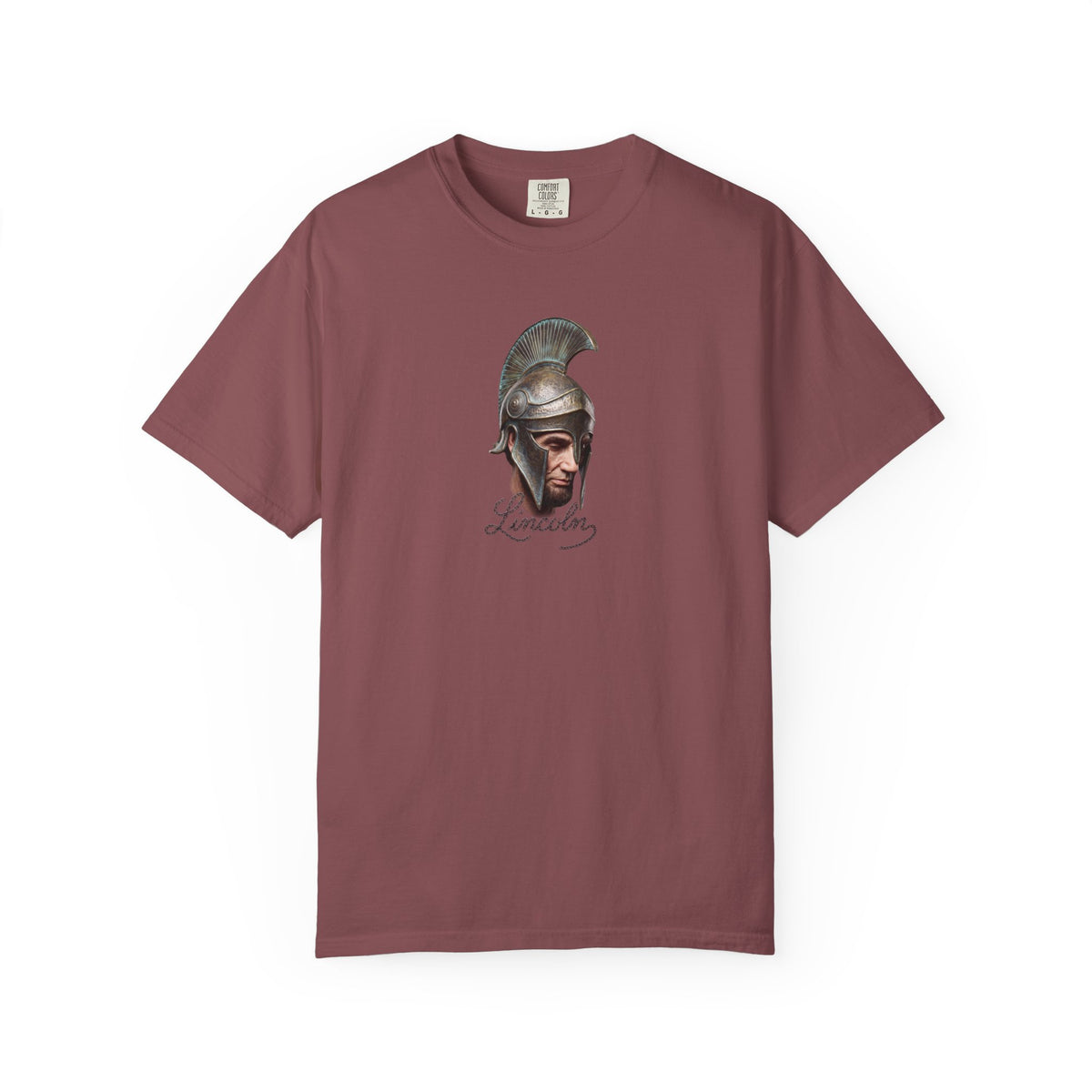 Brick red Course America tee, flat front view, printed with Abraham Lincoln in a crested Greek helmet above the word Lincoln in script