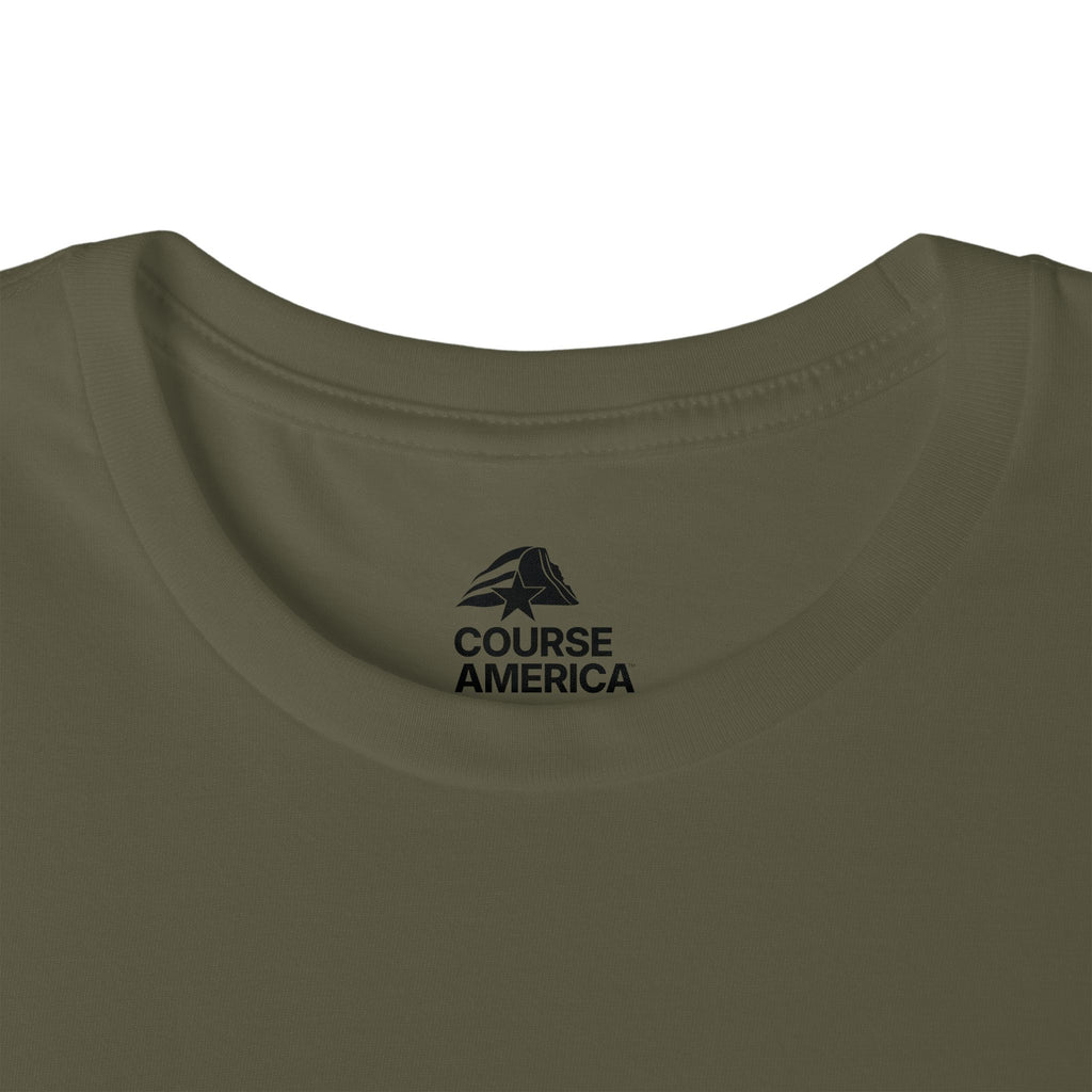 Military green Course America tee, close up of the inner neck label showing the Course America logo