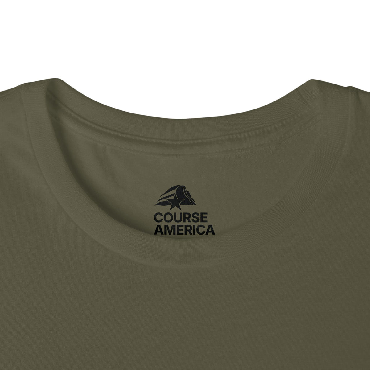 Military green Course America tee, close up of the inner neck label showing the Course America logo