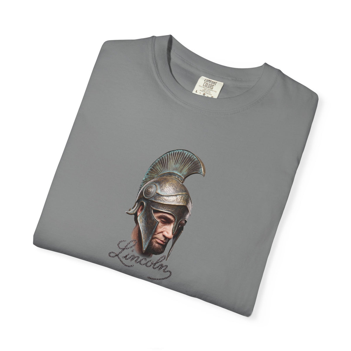 Grey Course America tee, folded, showing Abraham Lincoln in a crested Greek helmet above the word Lincoln in script